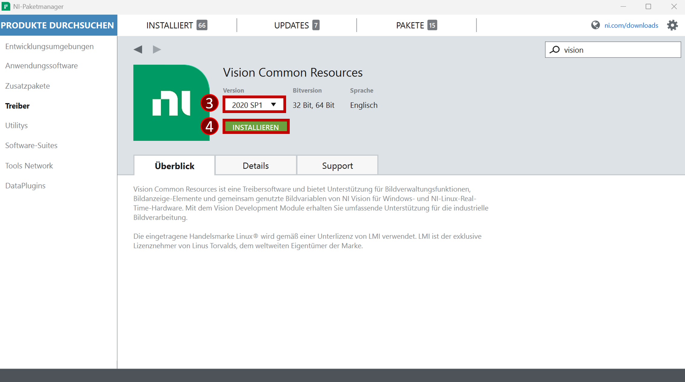 NI Vision Common Resources installation in NI Package Manager
