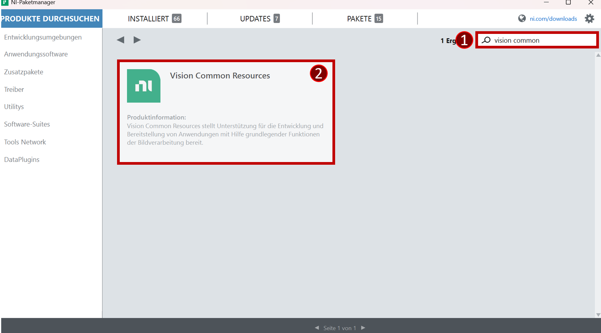 Search for Vision Common Resources in NI Package Manager